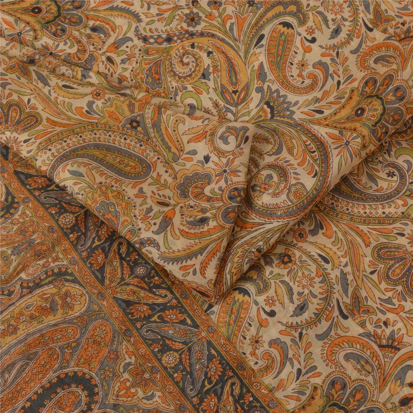 Sanskriti Vintage Sarees Peach 100% Pure Silk Printed Sari 6+yd Craft Fabric