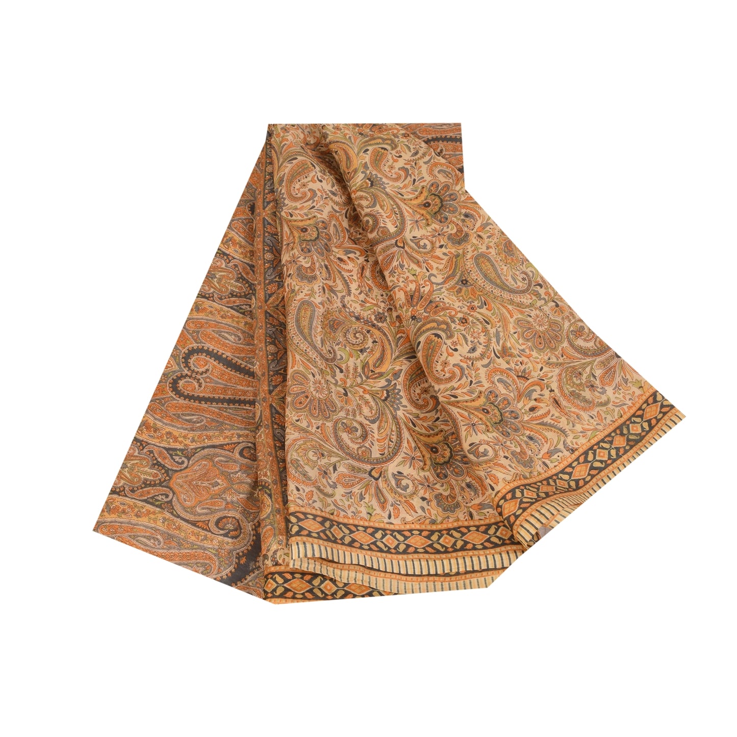 Sanskriti Vintage Sarees Peach 100% Pure Silk Printed Sari 6+yd Craft Fabric