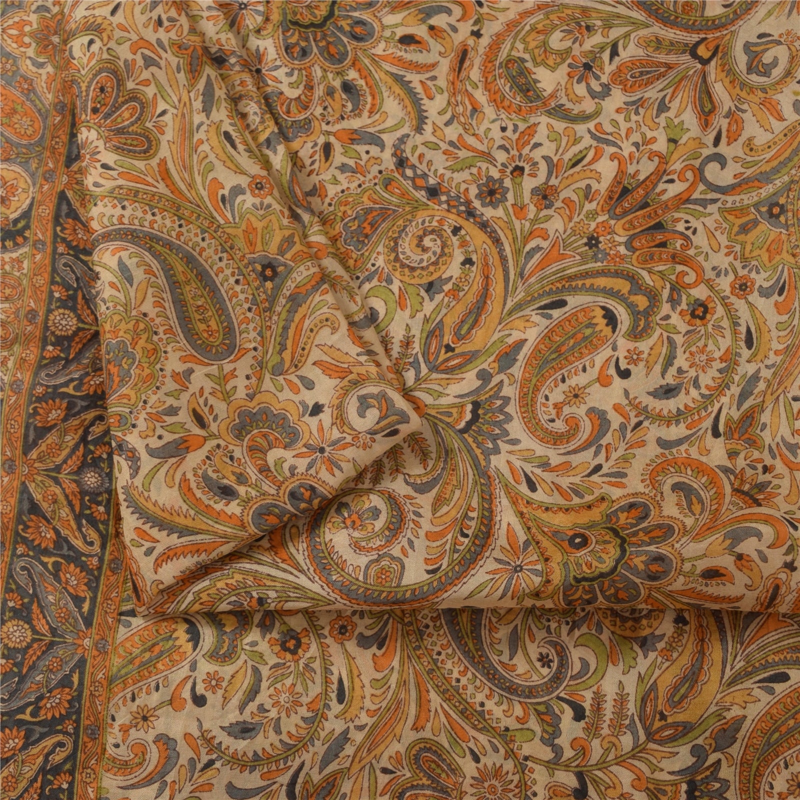 Sanskriti Vintage Sarees Peach 100% Pure Silk Printed Sari 6+yd Craft Fabric