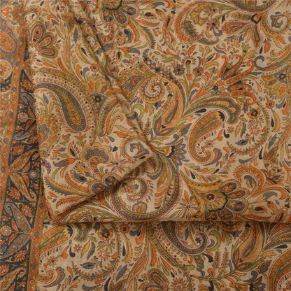 Sanskriti Vintage Sarees Peach 100% Pure Silk Printed Sari 6+yd Craft Fabric