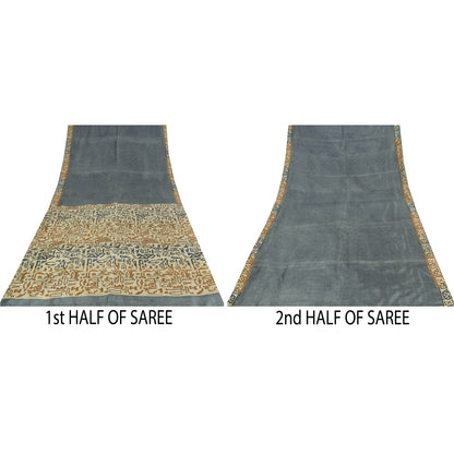 Sanskriti Vintage Sarees Gray Indian 100%Pure Silk Printed Sari 6yd Craft Fabric