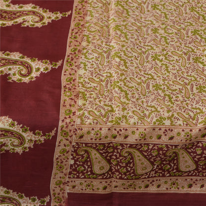 Sanskriti Vintage Sarees Cream & Red Pure Silk Printed Sari 5+yd Craft Fabric