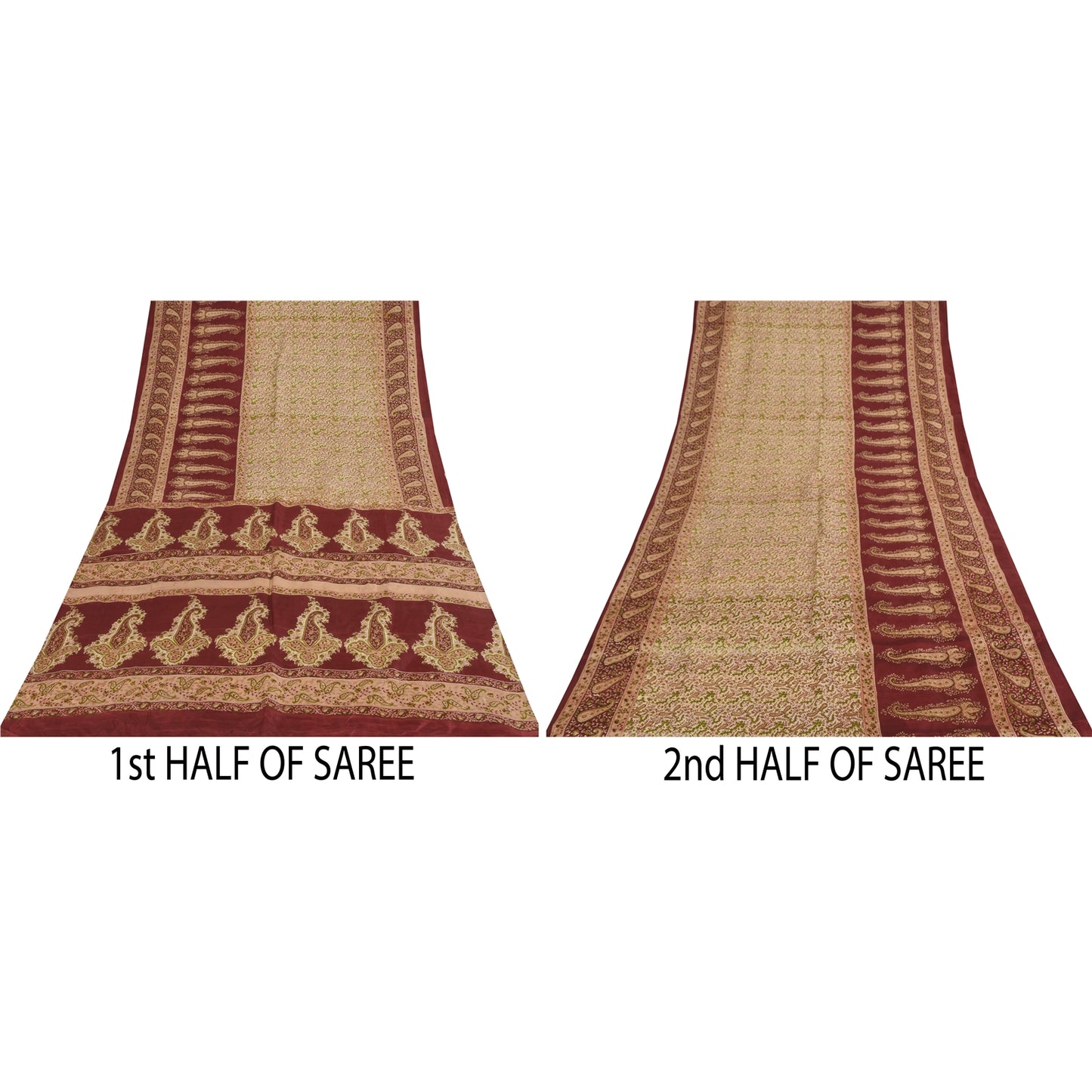 Sanskriti Vintage Sarees Cream & Red Pure Silk Printed Sari 5+yd Craft Fabric