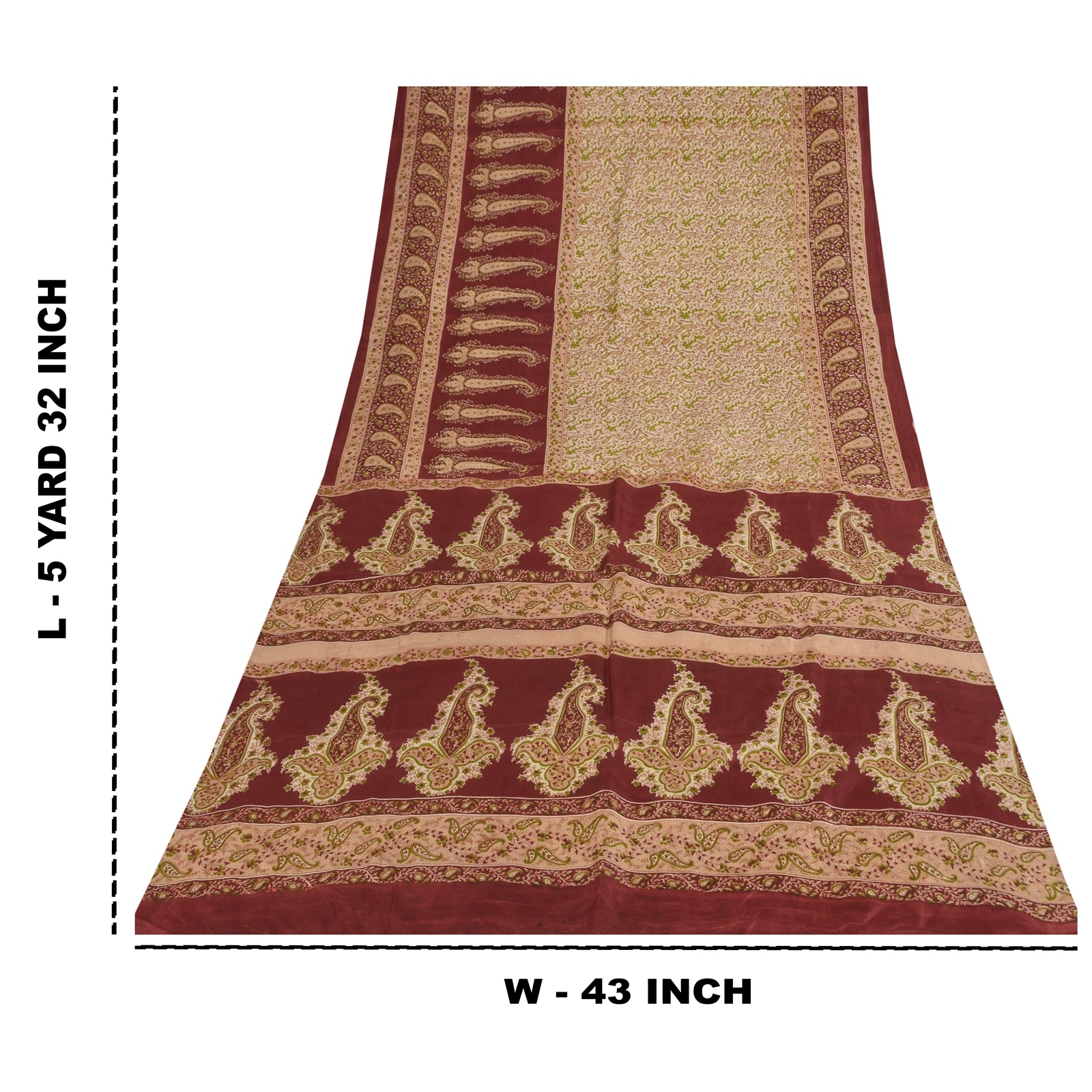 Sanskriti Vintage Sarees Cream & Red Pure Silk Printed Sari 5+yd Craft Fabric