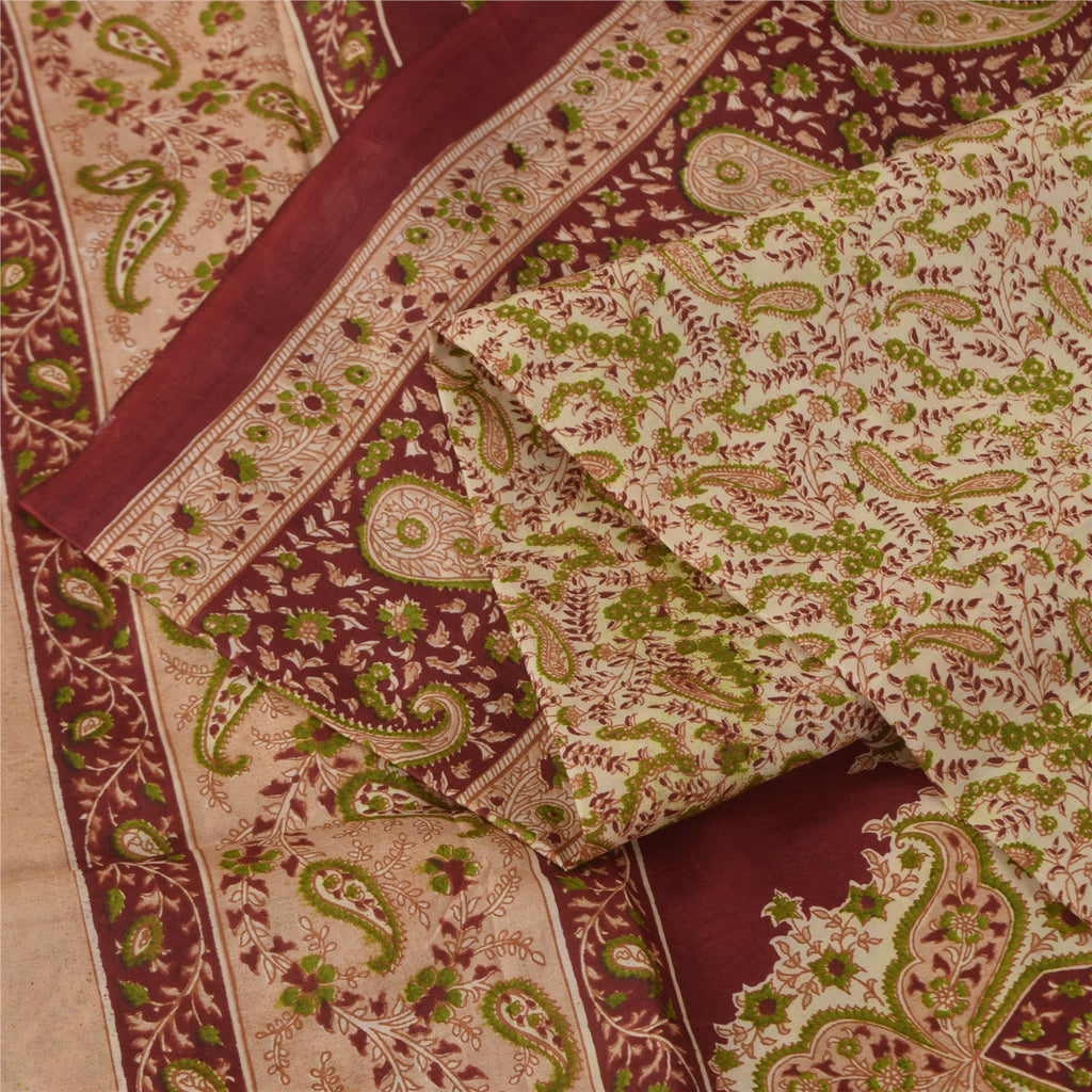 Sanskriti Vintage Sarees Cream & Red Pure Silk Printed Sari 5+yd Craft Fabric