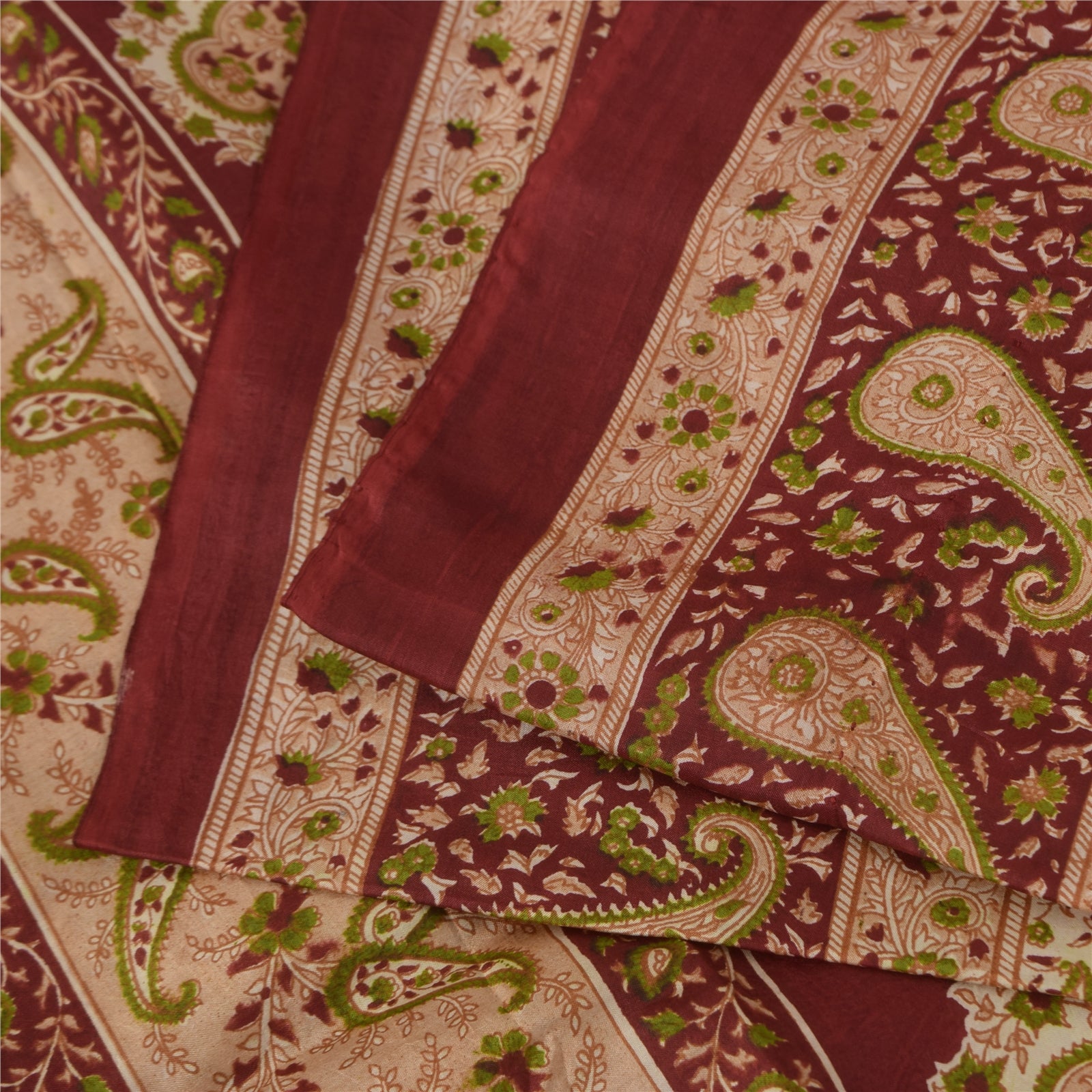 Sanskriti Vintage Sarees Cream & Red Pure Silk Printed Sari 5+yd Craft Fabric