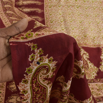 Sanskriti Vintage Sarees Cream & Red Pure Silk Printed Sari 5+yd Craft Fabric