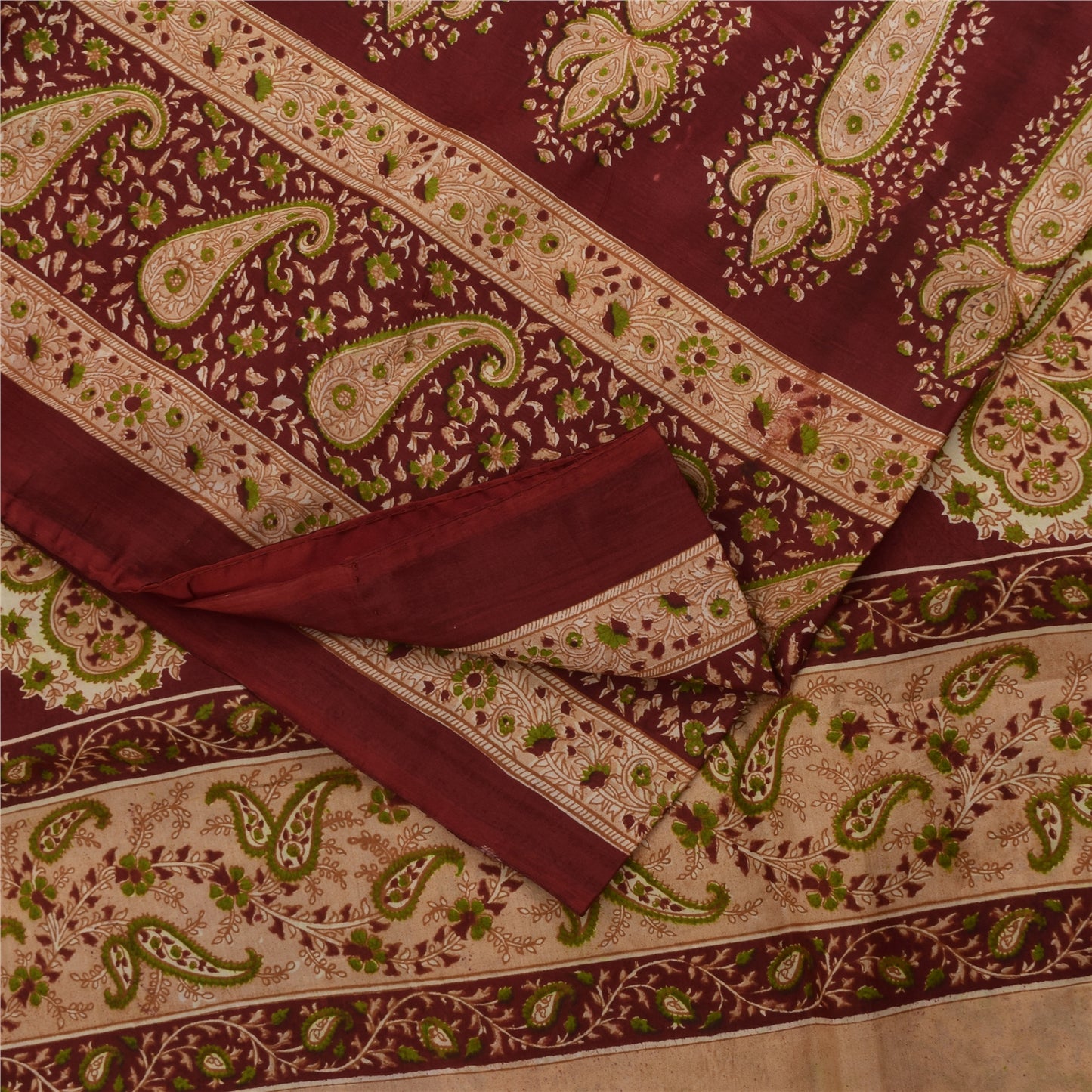 Sanskriti Vintage Sarees Cream & Red Pure Silk Printed Sari 5+yd Craft Fabric