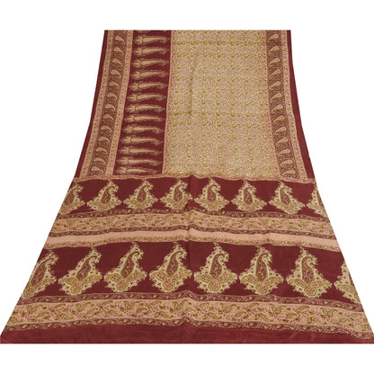 Sanskriti Vintage Sarees Cream & Red Pure Silk Printed Sari 5+yd Craft Fabric