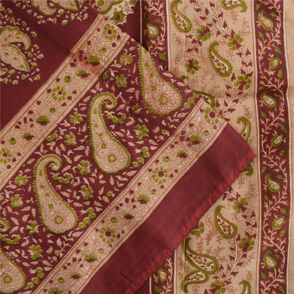 Sanskriti Vintage Sarees Cream & Red Pure Silk Printed Sari 5+yd Craft Fabric