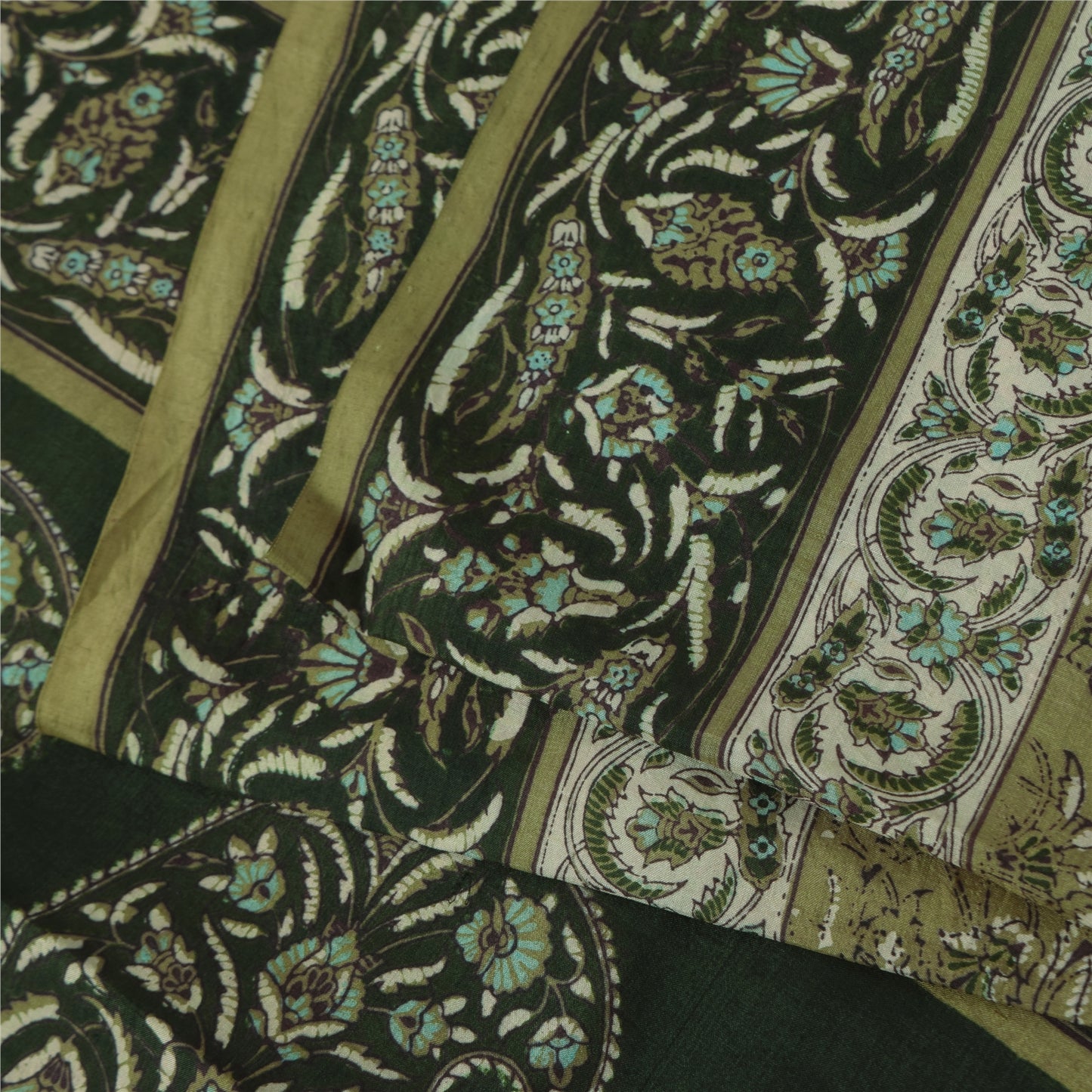 Sanskriti Vintage Sarees Green 100% Pure Silk Printed Sari 6yd Craft Fabric