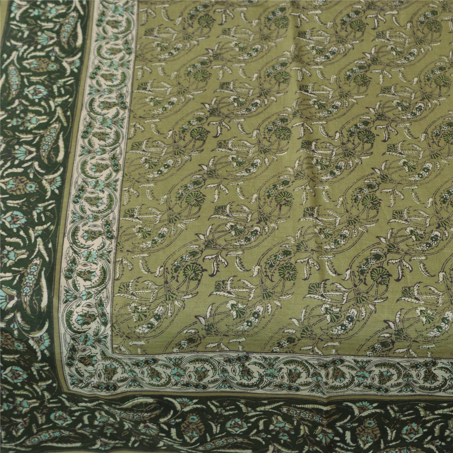 Sanskriti Vintage Sarees Green 100% Pure Silk Printed Sari 6yd Craft Fabric