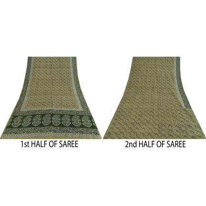 Sanskriti Vintage Sarees Green 100% Pure Silk Printed Sari 6yd Craft Fabric