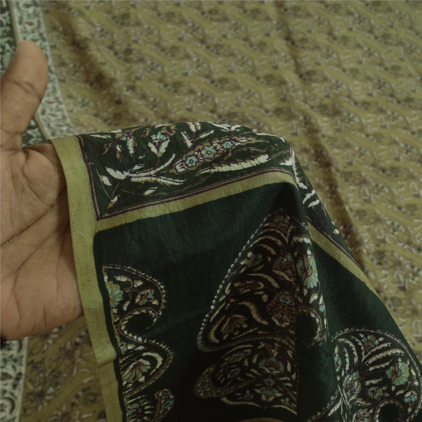 Sanskriti Vintage Sarees Green 100% Pure Silk Printed Sari 6yd Craft Fabric