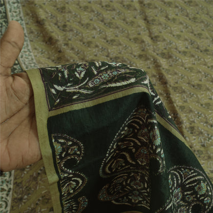 Sanskriti Vintage Sarees Green 100% Pure Silk Printed Sari 6yd Craft Fabric