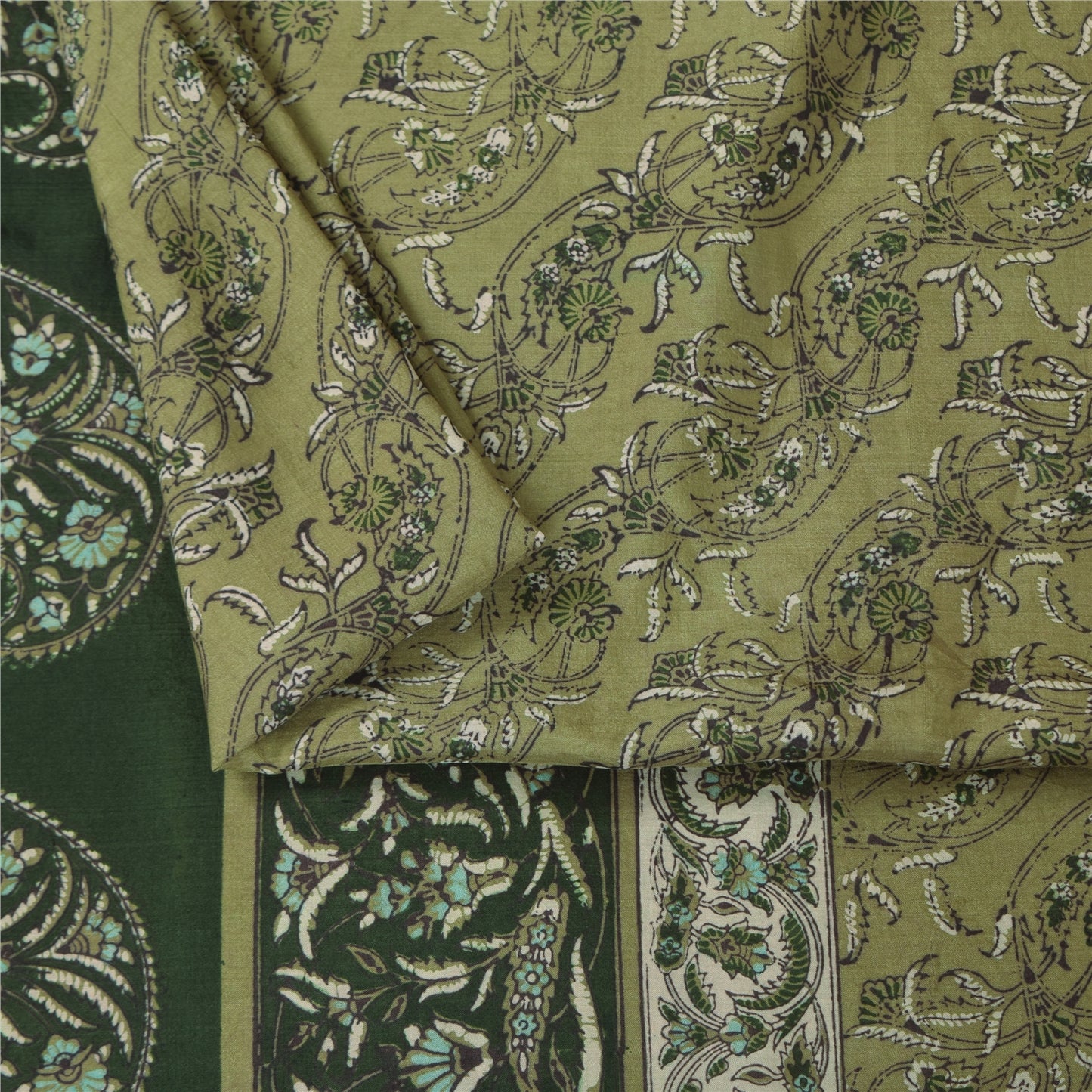 Sanskriti Vintage Sarees Green 100% Pure Silk Printed Sari 6yd Craft Fabric