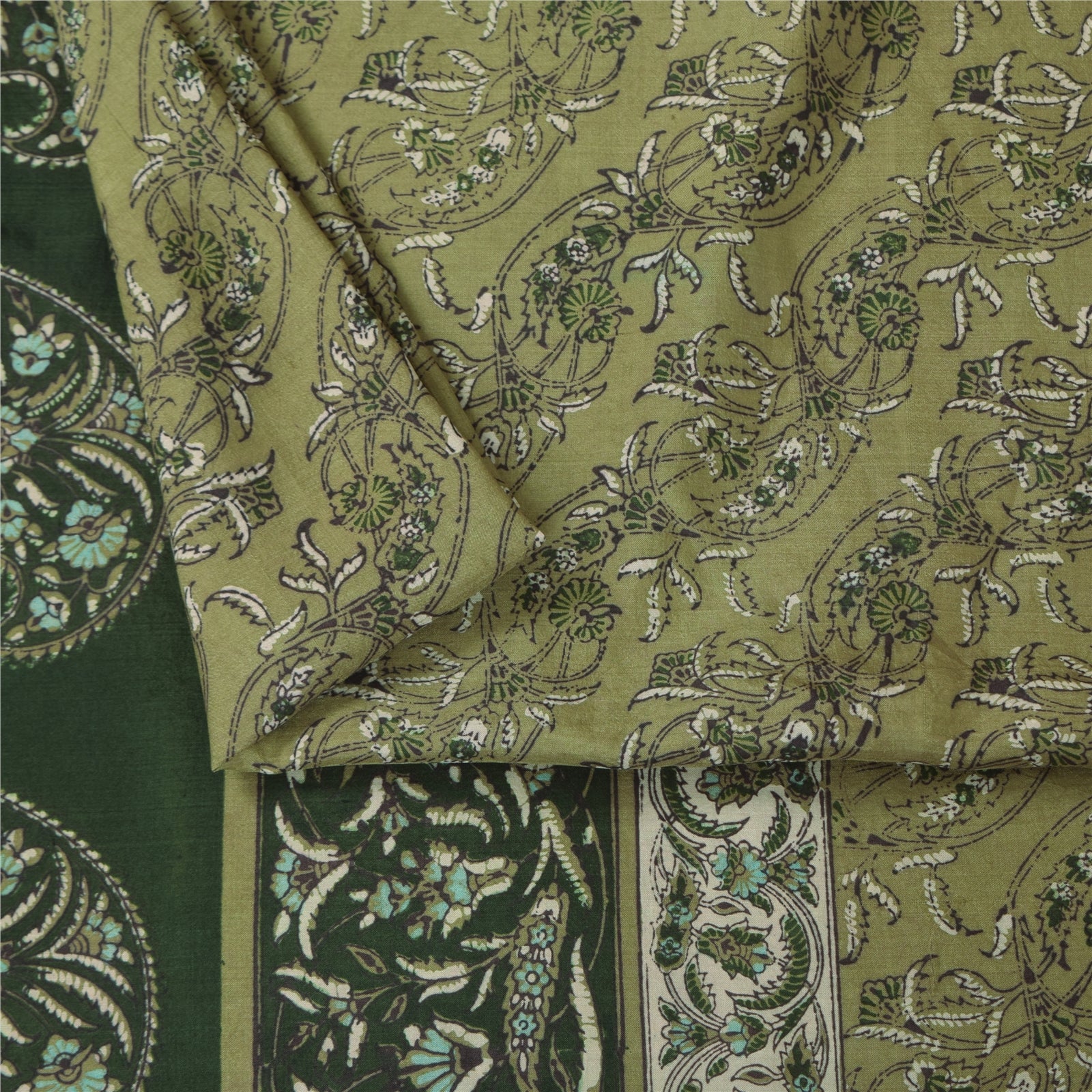 Sanskriti Vintage Sarees Green 100% Pure Silk Printed Sari 6yd Craft Fabric