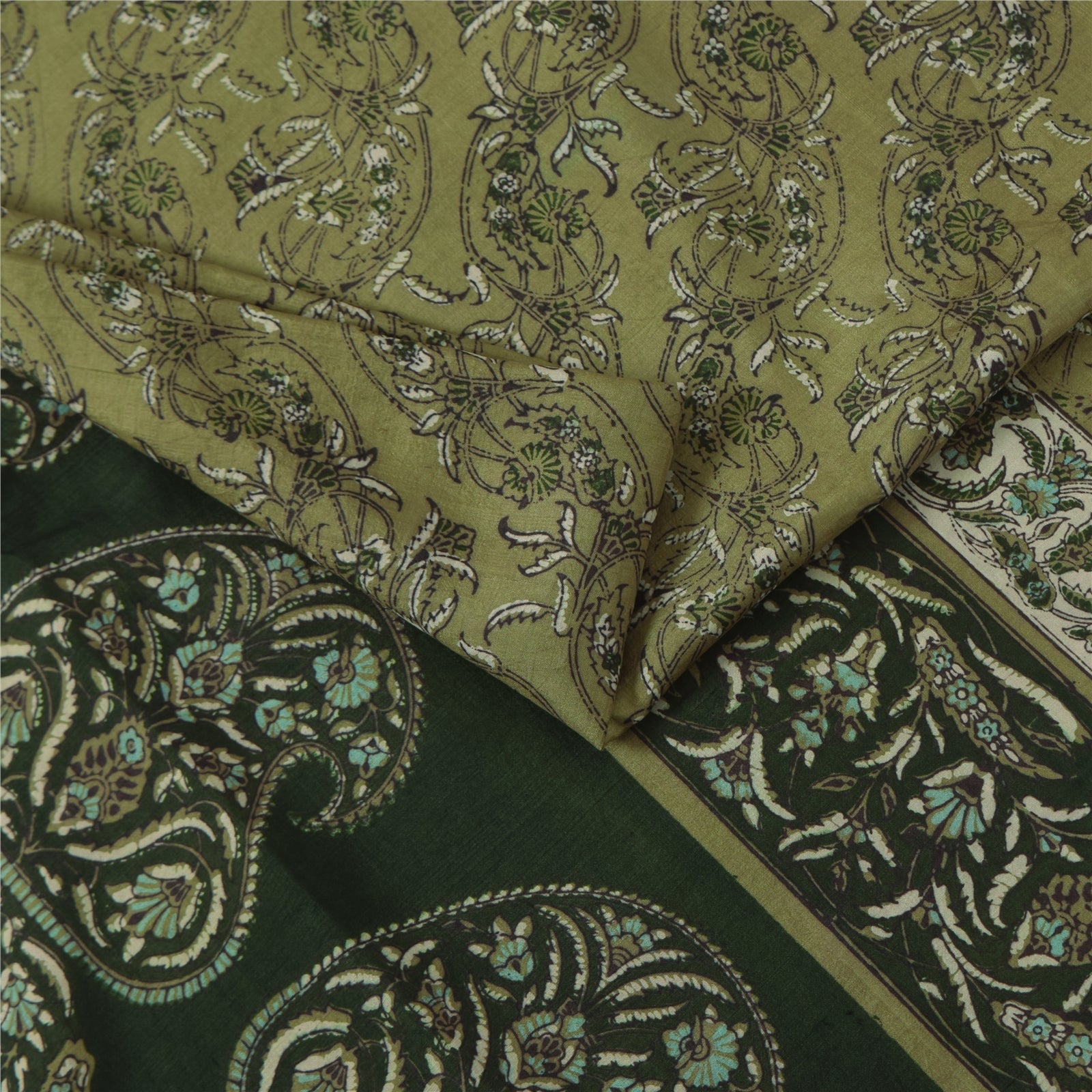 Sanskriti Vintage Sarees Green 100% Pure Silk Printed Sari 6yd Craft Fabric