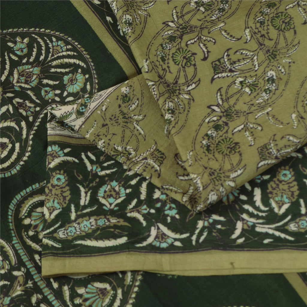 Sanskriti Vintage Sarees Green 100% Pure Silk Printed Sari 6yd Craft Fabric