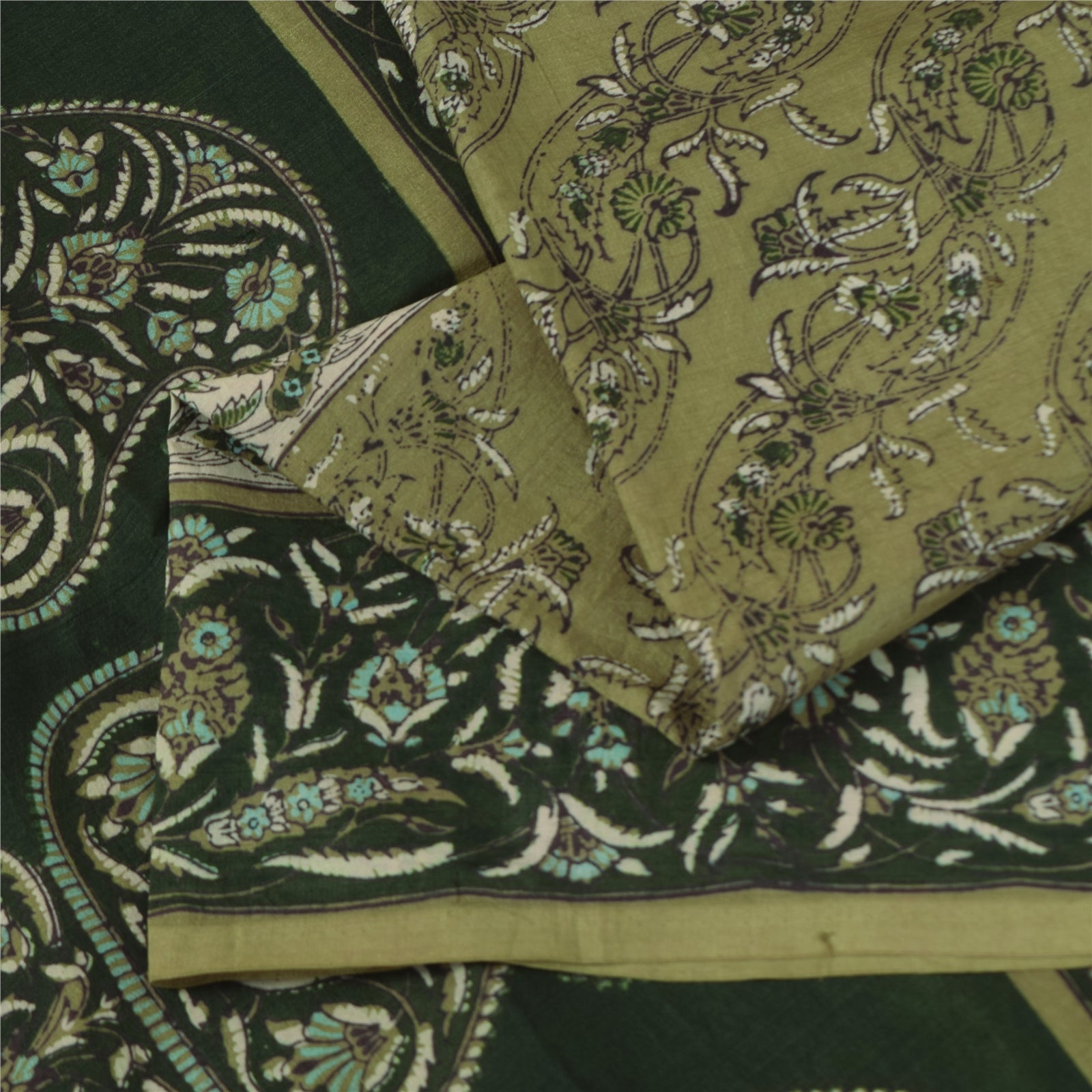 Sanskriti Vintage Sarees Green 100% Pure Silk Printed Sari 6yd Craft Fabric