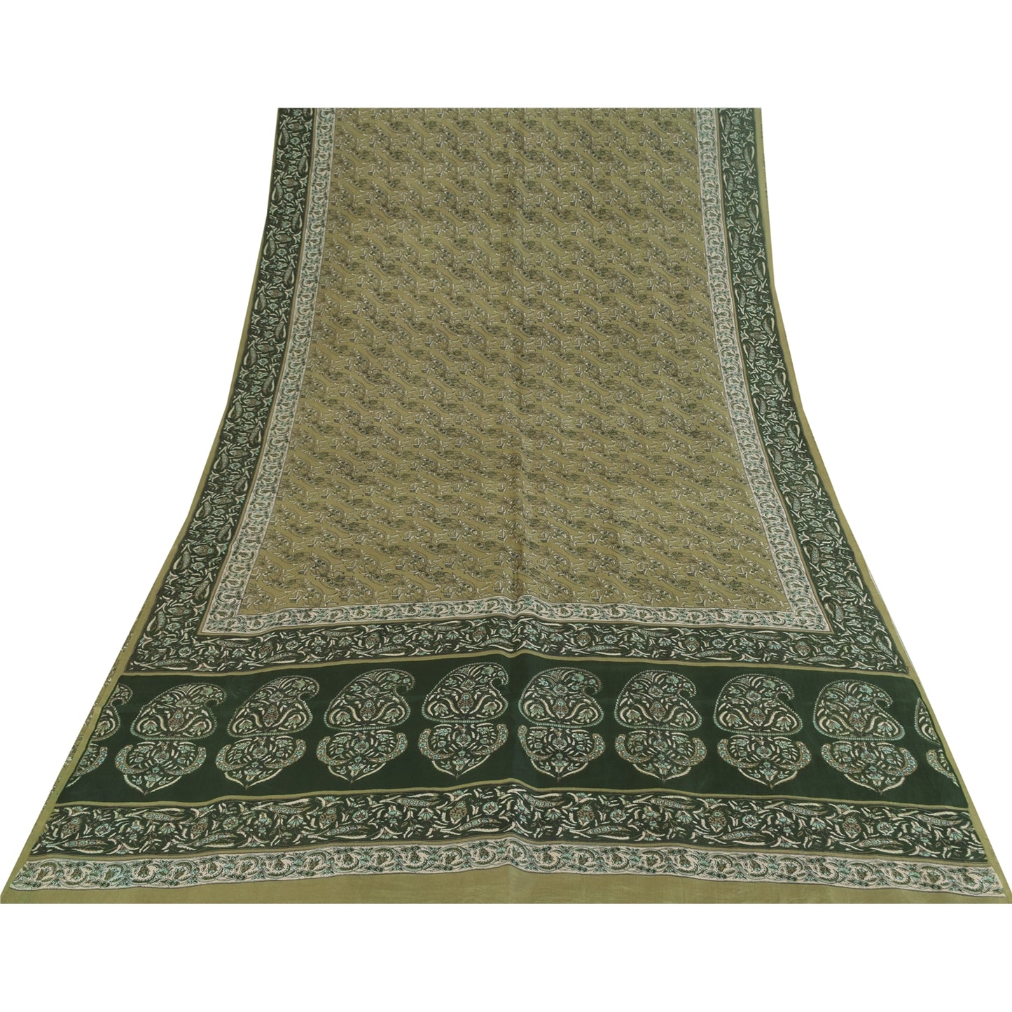 Sanskriti Vintage Sarees Green 100% Pure Silk Printed Sari 6yd Craft Fabric