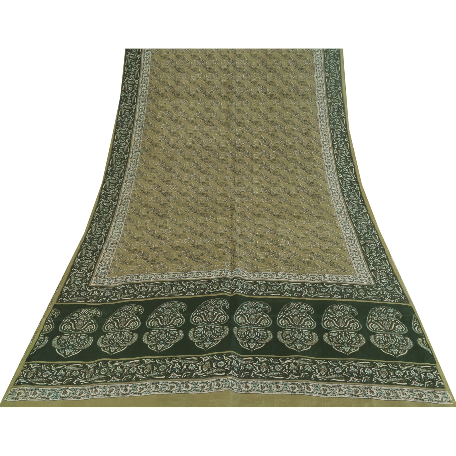 Sanskriti Vintage Sarees Green 100% Pure Silk Printed Sari 6yd Craft Fabric