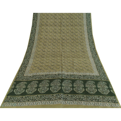 Sanskriti Vintage Sarees Green 100% Pure Silk Printed Sari 6yd Craft Fabric