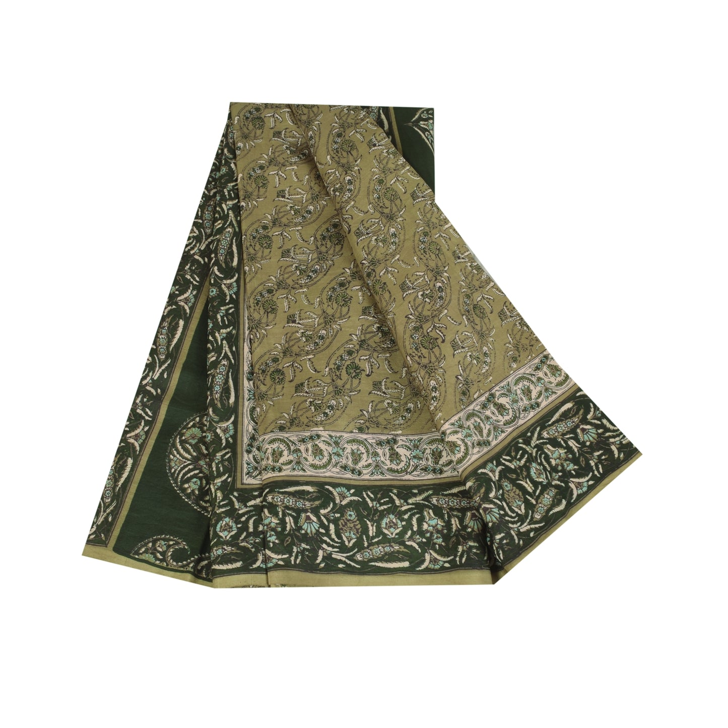 Sanskriti Vintage Sarees Green 100% Pure Silk Printed Sari 6yd Craft Fabric