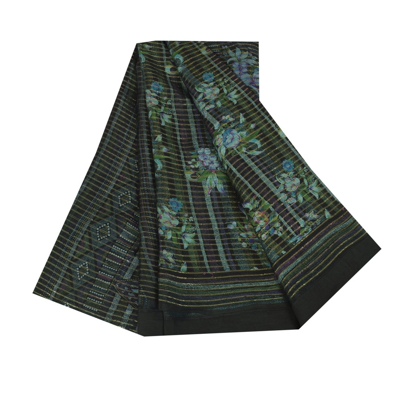 Sanskriti Vintage Sarees Black Pure Silk Printed Woven Sari 6+yd Craft Fabric