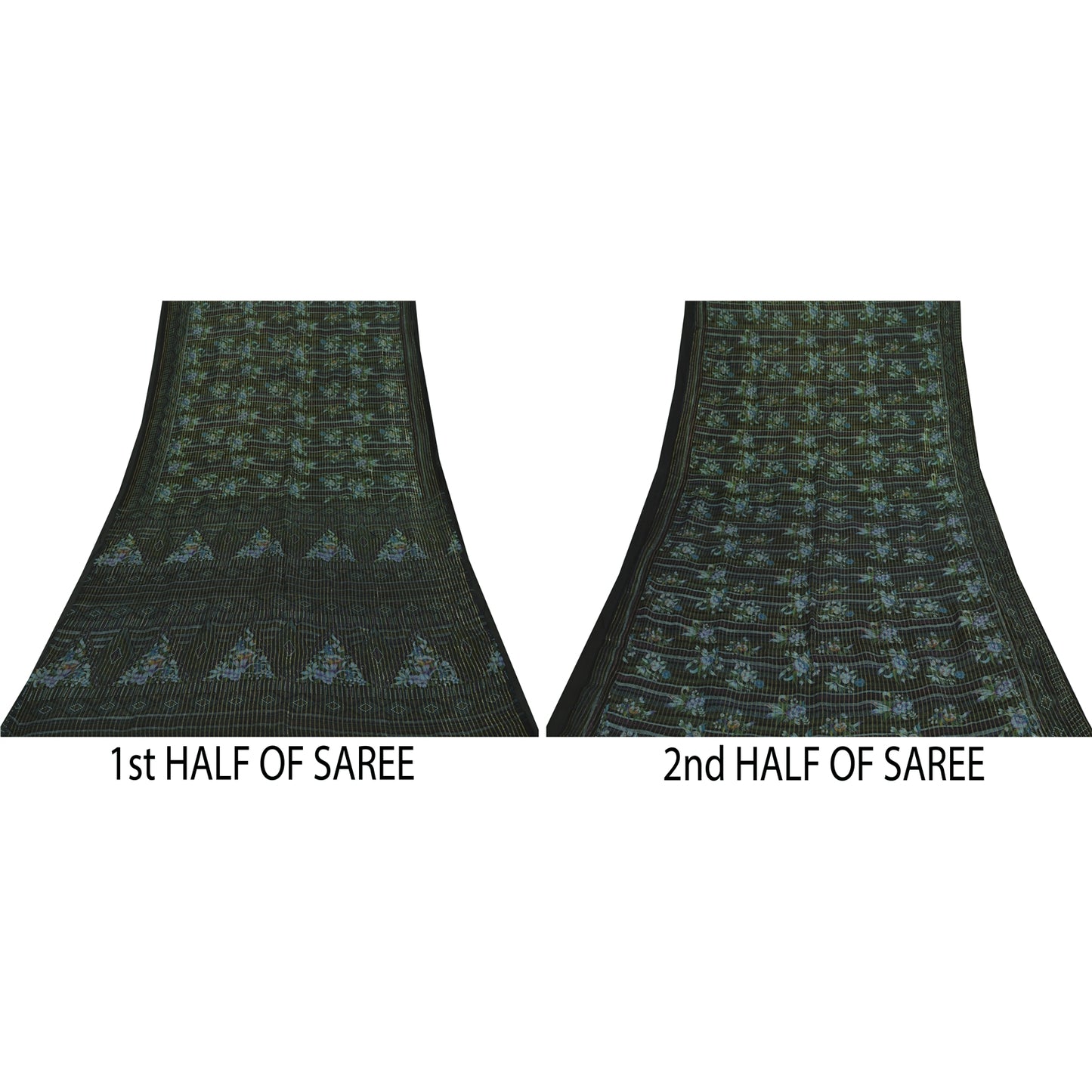 Sanskriti Vintage Sarees Black Pure Silk Printed Woven Sari 6+yd Craft Fabric