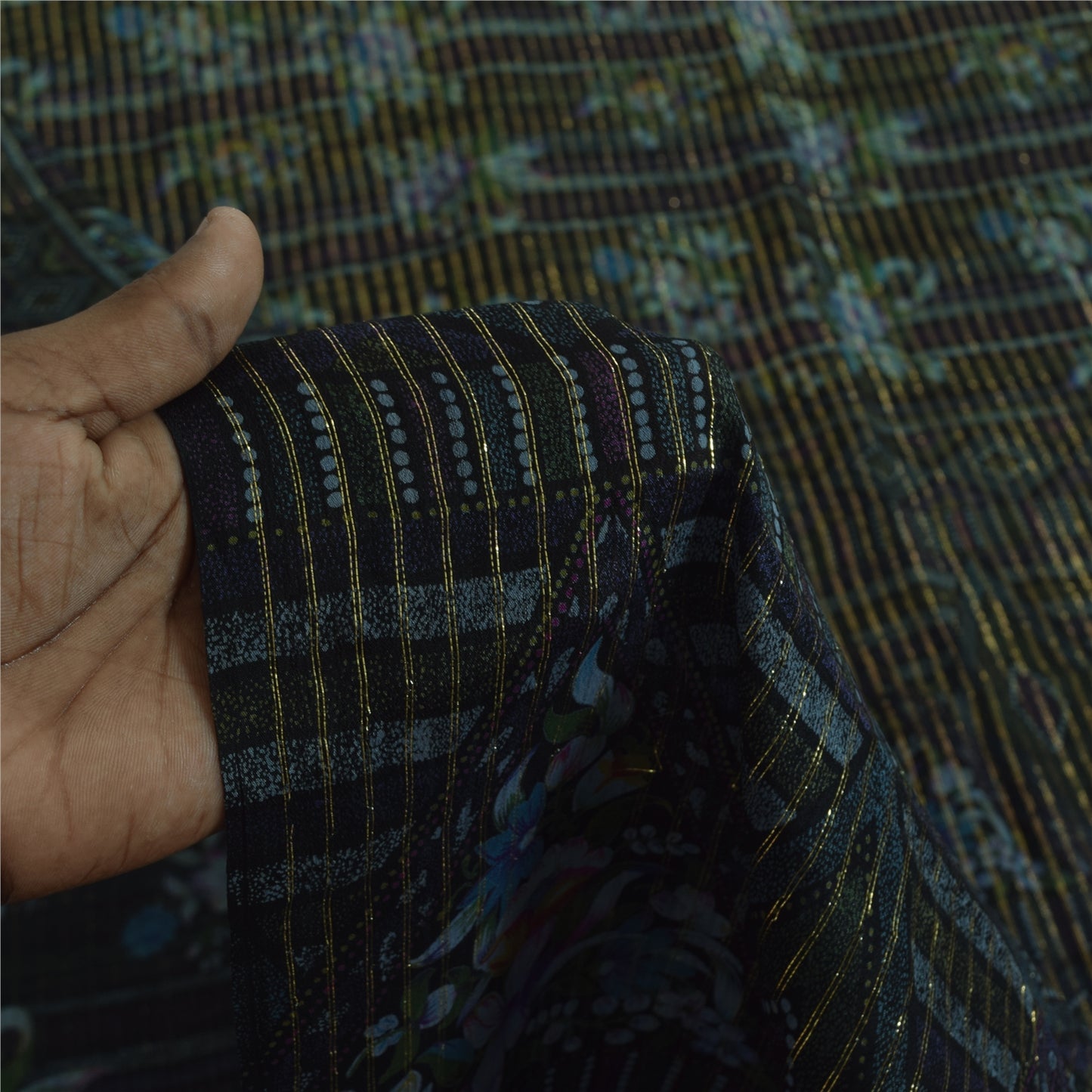 Sanskriti Vintage Sarees Black Pure Silk Printed Woven Sari 6+yd Craft Fabric