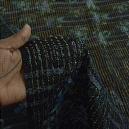 Sanskriti Vintage Sarees Black Pure Silk Printed Woven Sari 6+yd Craft Fabric