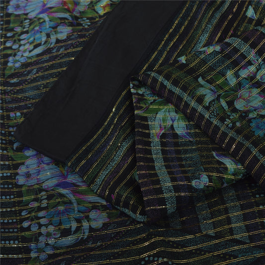Sanskriti Vintage Sarees Black Pure Silk Printed Woven Sari 6+yd Craft Fabric