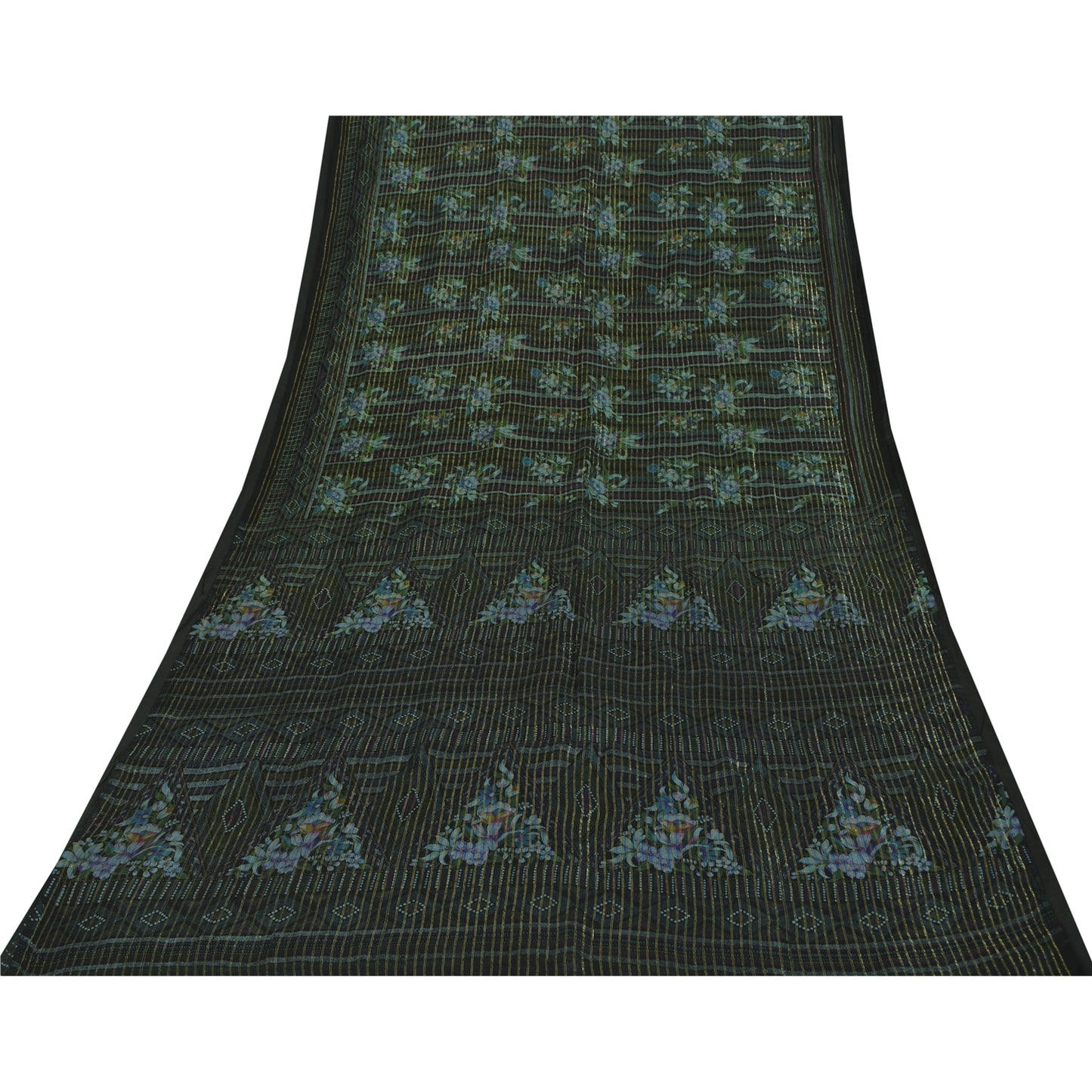 Sanskriti Vintage Sarees Black Pure Silk Printed Woven Sari 6+yd Craft Fabric