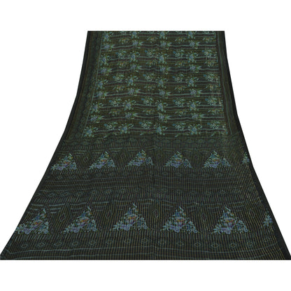 Sanskriti Vintage Sarees Black Pure Silk Printed Woven Sari 6+yd Craft Fabric