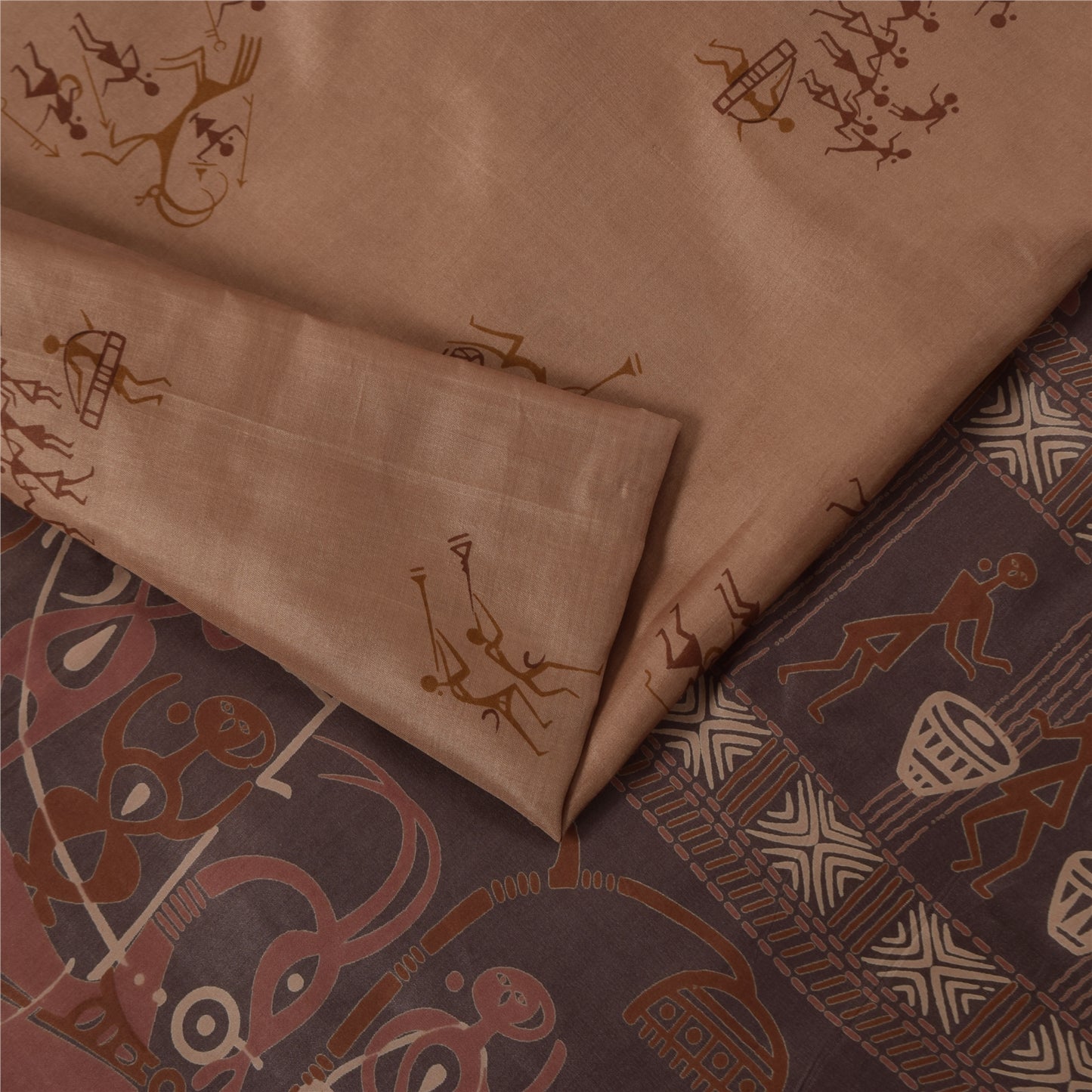 Sanskriti Vintage Sarees Brown Pure Silk Warli Art Print & Zari Sari 6+yd Fabric