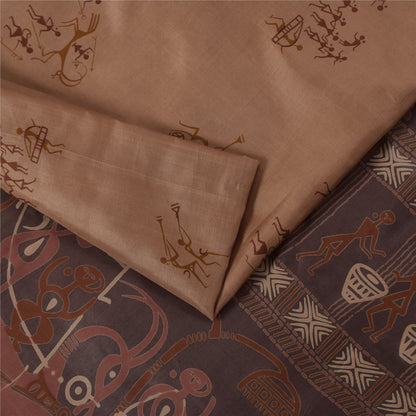 Sanskriti Vintage Sarees Brown Pure Silk Warli Art Print & Zari Sari 6+yd Fabric