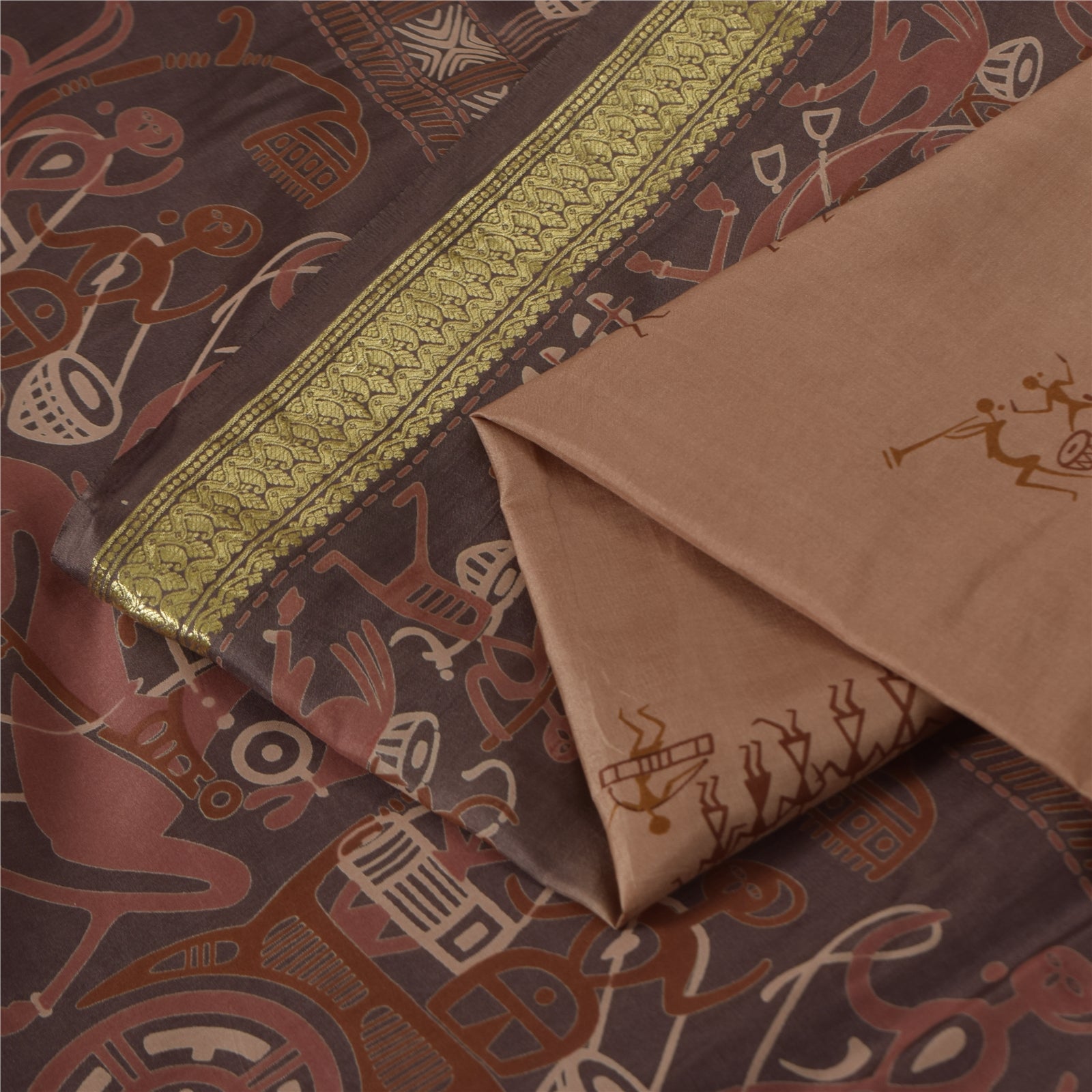 Sanskriti Vintage Sarees Brown Pure Silk Warli Art Print & Zari Sari 6+yd Fabric