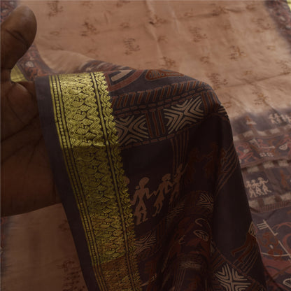 Sanskriti Vintage Sarees Brown Pure Silk Warli Art Print & Zari Sari 6+yd Fabric