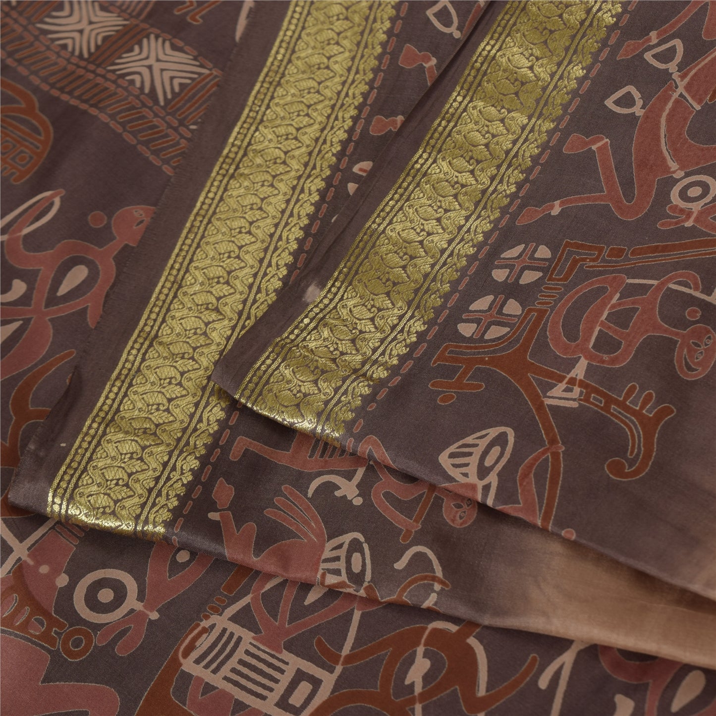 Sanskriti Vintage Sarees Brown Pure Silk Warli Art Print & Zari Sari 6+yd Fabric