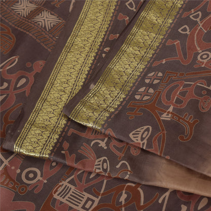 Sanskriti Vintage Sarees Brown Pure Silk Warli Art Print & Zari Sari 6+yd Fabric