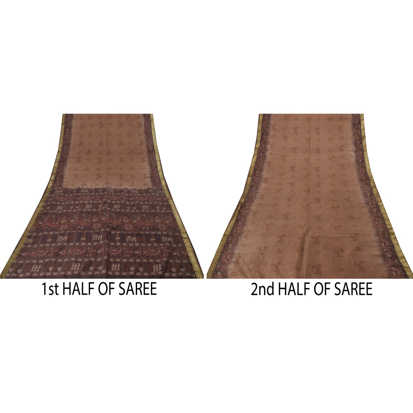 Sanskriti Vintage Sarees Brown Pure Silk Warli Art Print & Zari Sari 6+yd Fabric
