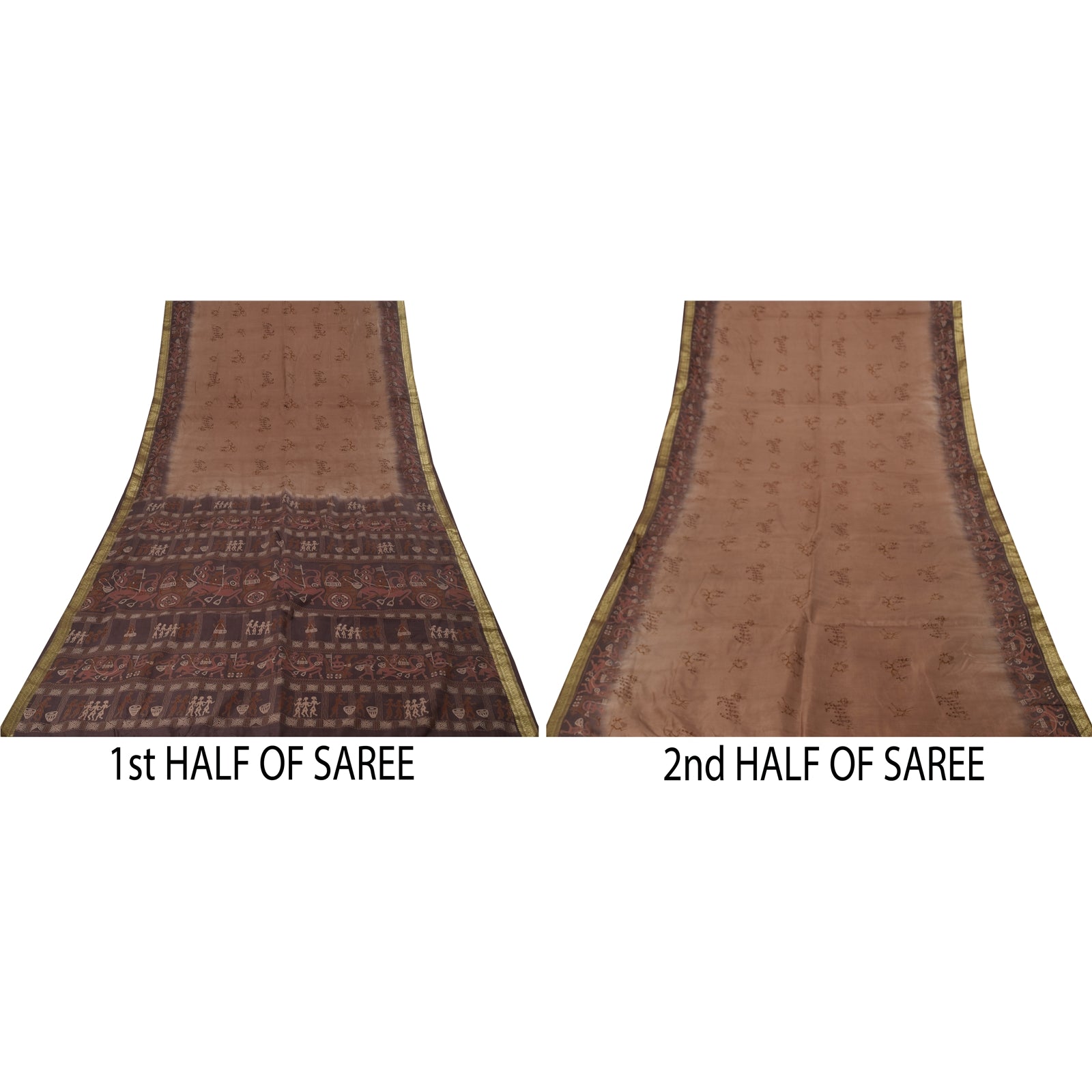Sanskriti Vintage Sarees Brown Pure Silk Warli Art Print & Zari Sari 6+yd Fabric