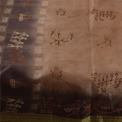 Sanskriti Vintage Sarees Brown Pure Silk Warli Art Print & Zari Sari 6+yd Fabric