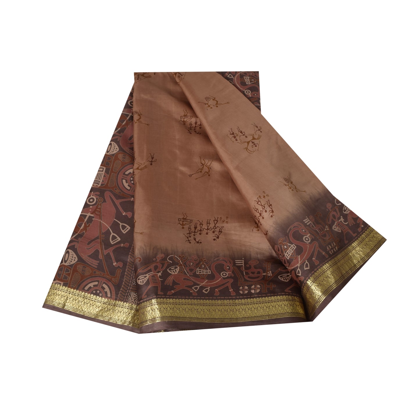 Sanskriti Vintage Sarees Brown Pure Silk Warli Art Print & Zari Sari 6+yd Fabric