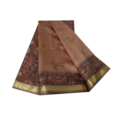 Sanskriti Vintage Sarees Brown Pure Silk Warli Art Print & Zari Sari 6+yd Fabric