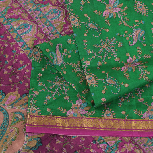 Sanskriti Vintage Sarees Green Zari Border Pure Silk Printed Sari 5+yd Fabric