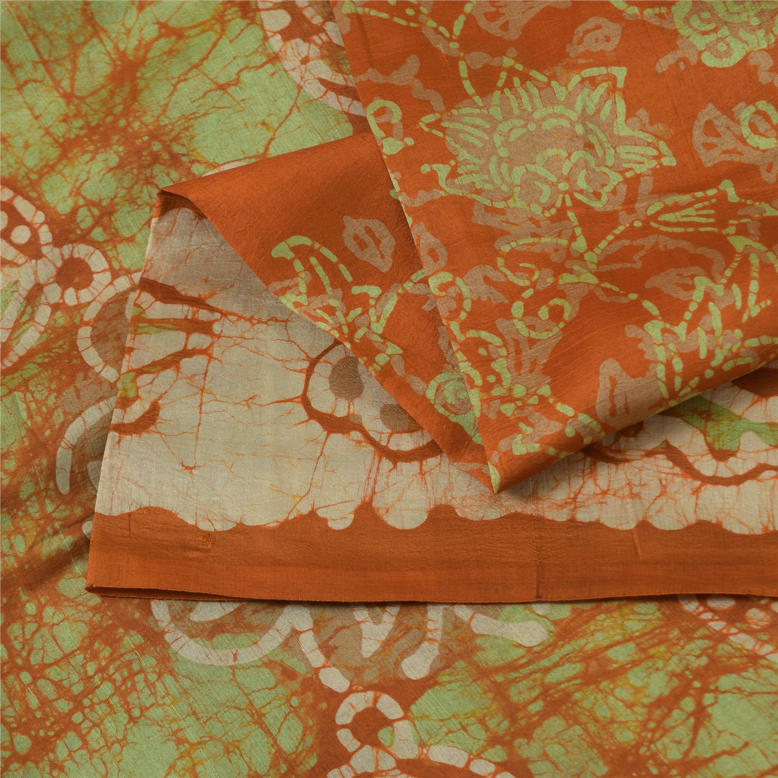 Sanskriti Vintage Sarees Orange Batik Work 100% Pure Silk Sari 5+yd Craft Fabric