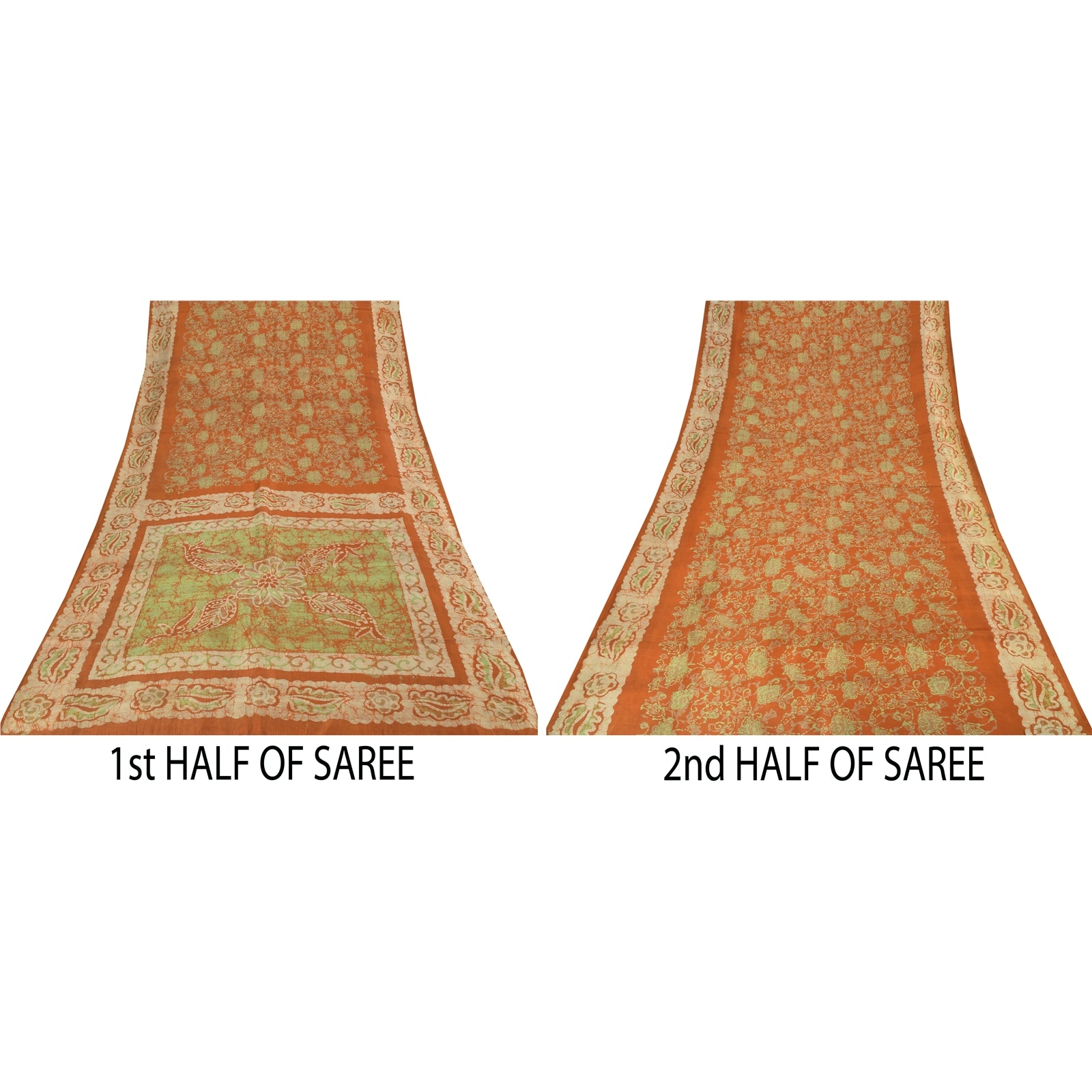 Sanskriti Vintage Sarees Orange Batik Work 100% Pure Silk Sari 5+yd Craft Fabric