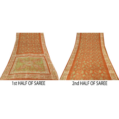 Sanskriti Vintage Sarees Orange Batik Work 100% Pure Silk Sari 5+yd Craft Fabric